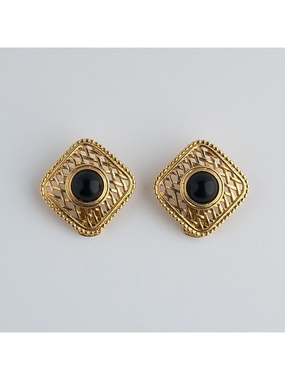 Vendome Gold Tone Large Diamond Mesh Black Glass Cabochon Earrings